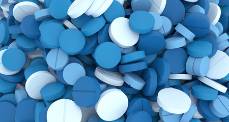 many blue pills close-up, 3d illustration