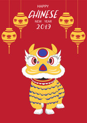 Chinese lion dance for Chinese new year 2019,Craft style, cards, poster, template, greeting cards, animals, pig, Vector illustrations 