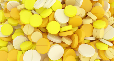 many yellow pills close-up, 3d illustration