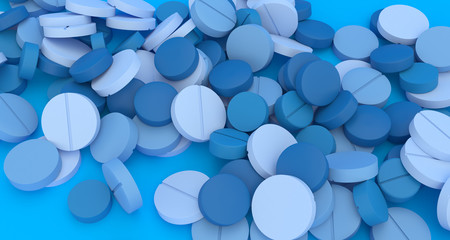 many blue pills scattered on the blue floor close up, 3d illustration