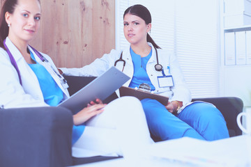 Fototapeta premium Happy medical team discussing and working together . medical team