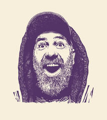 Man with beard, cap and a hood. Happy, enthusiastic and surprised. retro engraving style. vector illustration.