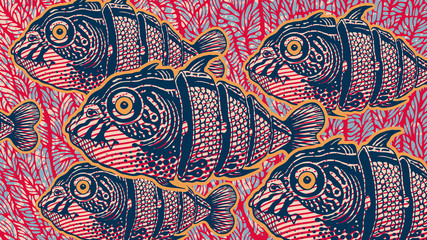 Surreal Design With Hand Drawn Fishs Cut Into Slices And Abstract Background With Coral. Vector Illustration. aspect ratio 16:9