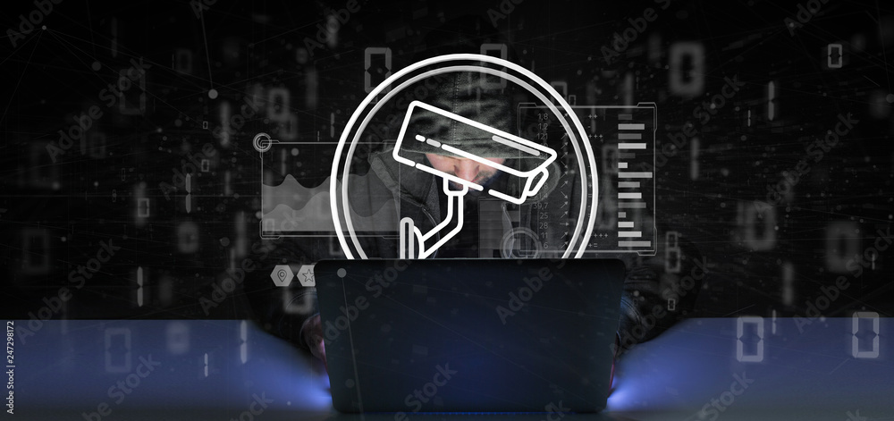 Poster hacker man holding security camera system icon and statistics data - 3d rendering