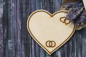 Wooden heart. Place to write. Lavender bouquet. Copy space