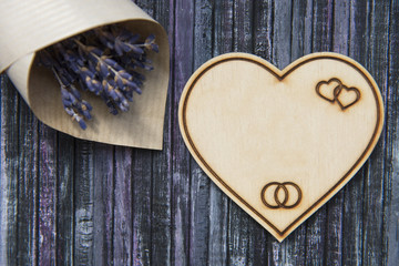 Wooden heart. Place to write. Lavender bouquet. Copy space