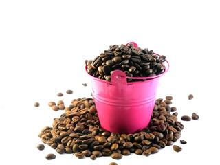 coffee beans in a pink bucket