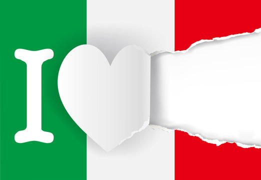 I love Italy, torn paper heart. Illustration of ripped paper heart on paper italy flag. Place for your texz or image. Vector available.