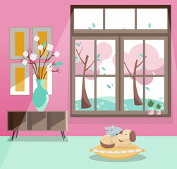 Window with view of pink blooming trees, flying leaves. Spring interior with sleeping cat and dog, vase, pictures on pink wallpaper. Rainy good weather outside. Flat cartoon style vector illustration.