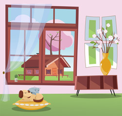 Window with a view of blossom trees and country wood house. Spring interior sleeping cat and dog on pillow, shelf, vase with branches. nonparallel objects. Sunny weather outside. Flat cartoon vector