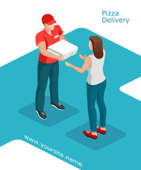 Courier wearing a red T-shirt and a cap deliver pizza to the woman customer. Pizza order to door service concept. Isometric vector illustration.