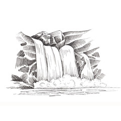 Waterfall  sketch, cascade waterfall in the rocks hand-drawn  illustration, landscape with a waterfall, black and white sketch isolated on white background for your design © Татьяна Петрова