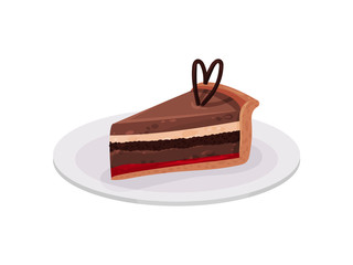 Slice of chocolate cake with jam on white plate. Holiday food. Dessert for Valentine s day. Flat vector design