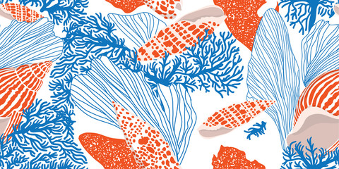 Сontemporary seamless pattern with shells, algae and corals. Hand-drawn vector illustration for printing, fabric, textile, manufacturing, wallpapers. Sea bottom © Oscar Ghost