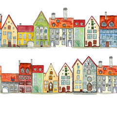 Naklejka premium Seamless borders of watercolor hand drawn old medieval houses illustration, european old town street vew. Design for tourists goods, backgrounds. Color illustration in cartoon style for kids books.