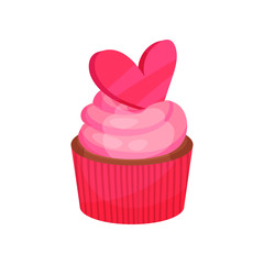 Appetizing cupcake with pink cream decorated with heart. Tasty holiday dessert. Sweet food. Flat vector design