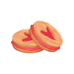 Round sandwich cookies with heart ornament. Delicious holiday dessert with pink cream. Sweet food. Flat vector icon