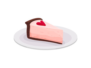 Delicious pink cheese cake decorated with red heart. Appetizing dessert for Valentine s day. Flat vector design
