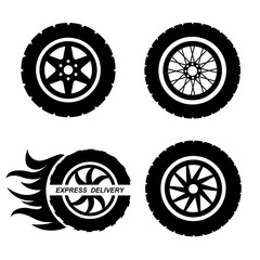 Different kinds of complete wheels and car tyres. Steel and alloy rims. Express delivery icon. Vector illustration of tires isolated on white background.