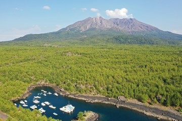 桜島の溶岩自然港の空撮