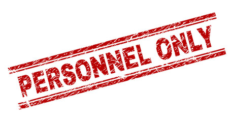 PERSONNEL ONLY seal imprint with grunge style. Red vector rubber print of PERSONNEL ONLY label with grunge texture. Text label is placed between double parallel lines.
