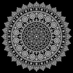 Mandala vector design, Aboriginal dot painting style, Australian folk art boho style in white on black background