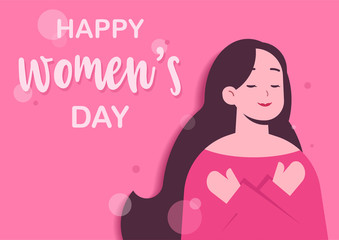 Happy International Women's Day. Pretty woman hugging herself. Vector illustration.
