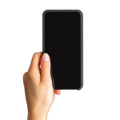 Women's hand showing black smartphone, concept of taking photo