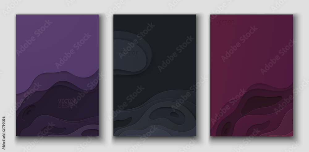 Wall mural set of color abstract cards with multi-layered papercut shapes.