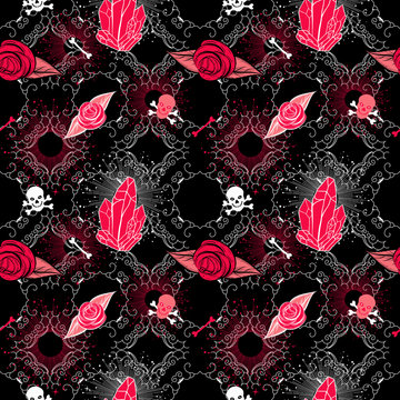 Cute girly rock n roll seamless pattern.Hard Rock and Heavy Metal subculture music textile fashion design.