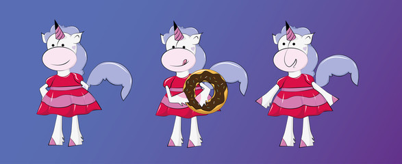 Set of unicorns vector in pink dresses. Unicorn cartoon with donut.