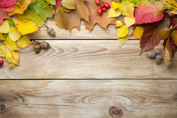 Naklejka na ściany i meble Autumn Leaves And Acorns On Wood Background