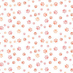 Dog Paw seamless pattern vector footprint kitten puppy tile coral color background repeat wallpaper cartoon isolated illustration white - Vector illustration.