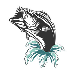 Fishing bass logo. Bass fish with rod club emblem. Fishing theme illustration. Fish Isolated on white.
