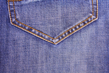 Old blue jeans. Denim. Back pocket. Close-up. Background. Texture.