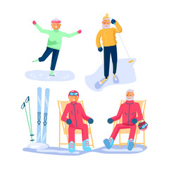 Fototapeta na wymiar Elderly people characters on relaxes on a ski resort