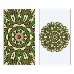 Ethnic Mandala Ornament. Templates invitation card With Mandalas. Floral decoration. Vector illustration Green, brown color. Card Design For Banners, Greeting Cards, Gifts Tags.