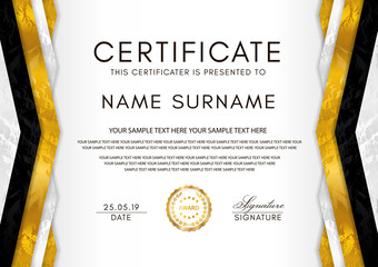 Certificate template with geometry frame and gold badge. White background design for Diploma, certificate of appreciation, achievement, completion, of excellence, award
