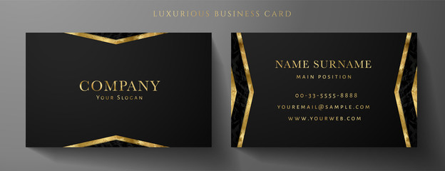 Luxury black Business card design template with gold Art Deco geometric lines (VIP Gift Card). Dark background with modern triangle lines