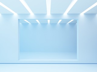 3d rendering of pink gallery with empty modern showcase.  Illuminated ceiling. Empty room. Mock up for advertisement.  Hole in wall. Blue pastel colors. 