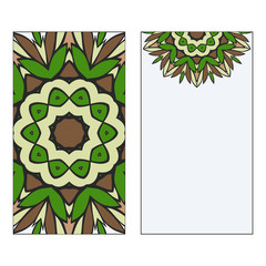 Ethnic Mandala Ornament. Templates invitation card With Mandalas. Floral decoration. Vector illustration Green, brown color. Card Design For Banners, Greeting Cards, Gifts Tags.