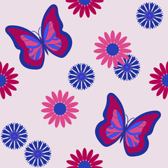 Seamless pattern with butterflies among daisies and cornflowers. Can be used for tile, wallpaper, textiles, wrapping, card, cover.