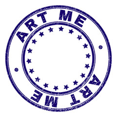 ART ME stamp seal watermark with distress texture. Designed with circles and stars. Blue vector rubber print of ART ME text with dirty texture.