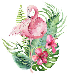 Hand drawn watercolor tropical birds set of flamingo with leaves. Exotic rose bird illustrations, jungle tree leaf, weddihg invitation. Perfect for fabric design. Aloha collection. © kris_art