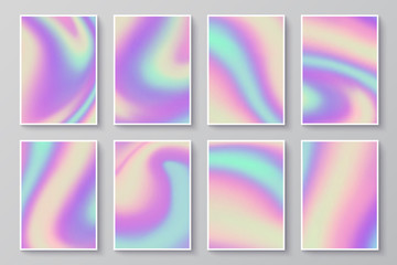 Hologram textures. Iridescent holographic backgrounds. Trendy hipster rainbow vector posters on wall. Illustration of rainbow pattern card illustration