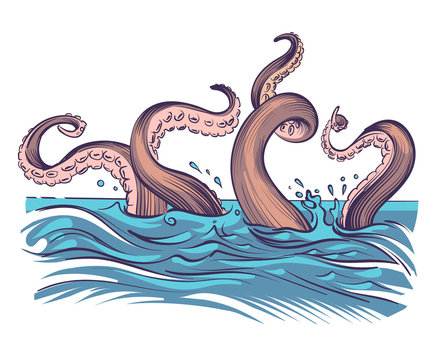 Octopus tentacle in sea. Underwater ocean invertebrate monster. Cartoon japanese squid cuttlefish vector illustration. Octopus underwater, squid invertebrate monster