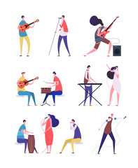 Musicians set. People performing rock music. Artist with musical instruments and singers. Vector cartoon characters isolated. Illustration of musician instrument, performance band people
