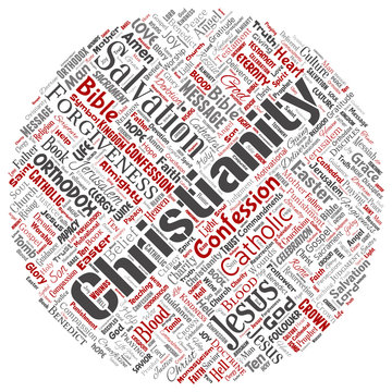 Vector conceptual christianity, jesus, bible, testament round circle red  word cloud isolated background. Collage of teachings, salvation resurrection, heaven, confession, forgiveness, love concept