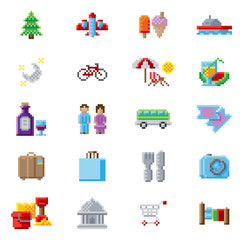 Tourist travel icon set in a retro 8 bit arcade video game pixel art style