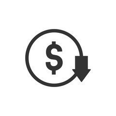 Money loss vector illustration. Cash with dollar sign with down arrow. Concept of financial crisis, market fall bankruptcy or budget recession. Investment expenses and bad economy reduction.